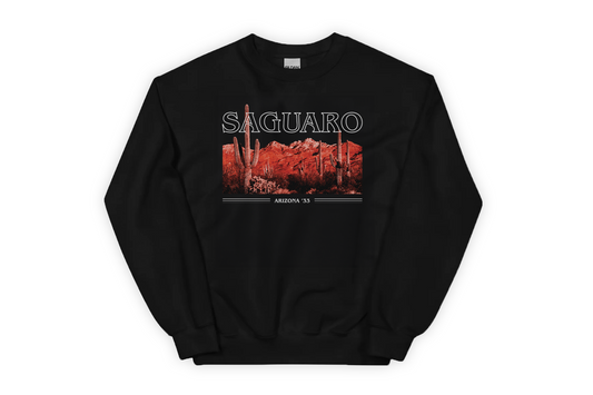 Black sweatshirt with a 'Saguaro' graphic design of cacti and text on a white background