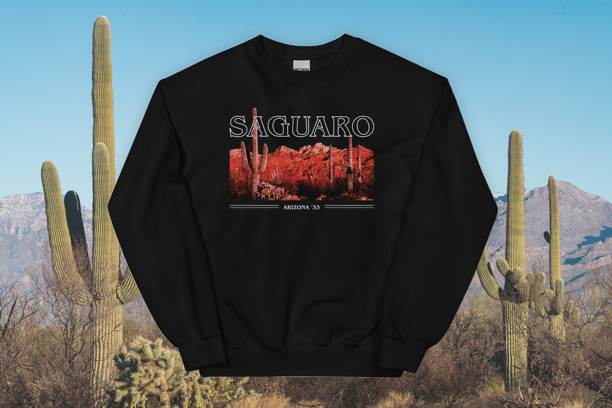 Black sweatshirt with Saguaro cactus design against a desert background