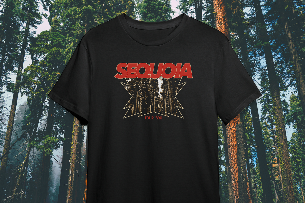 Black t-shirt with 'SEQUOIA' design in red and white against a forest background