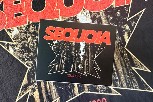 Sticker with 'Sequoia' text on a black and red background