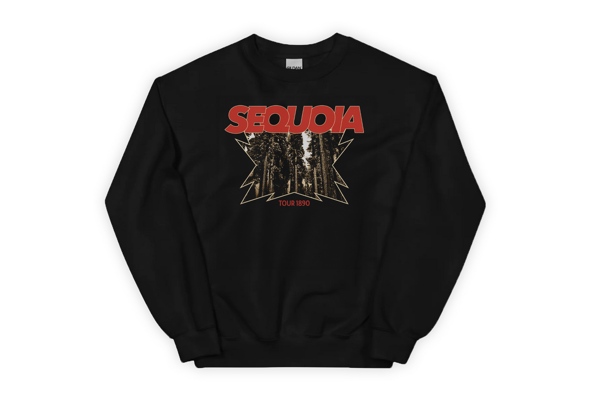 Black sweatshirt with red and white 'Sequoia' text on a white background