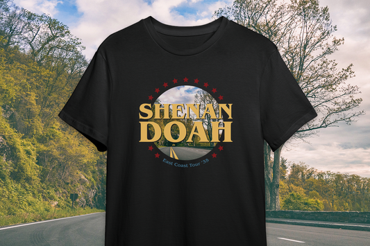 Black t-shirt with 'SHENANDOAH' design on a scenic road background