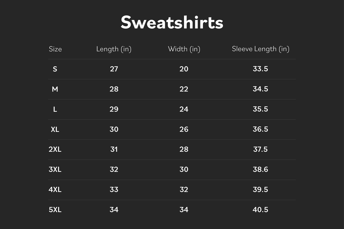 Table displaying measurements for sweatshirts in various sizes.