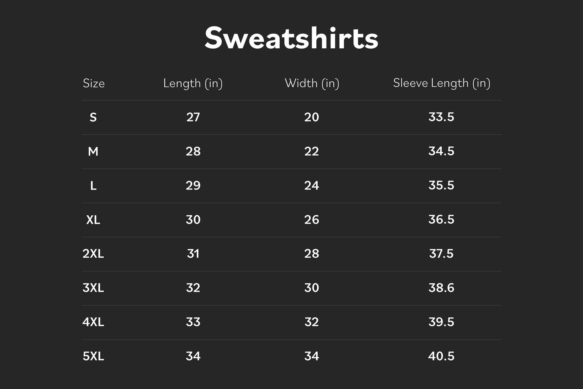 Table displaying measurements for sweatshirts in various sizes.