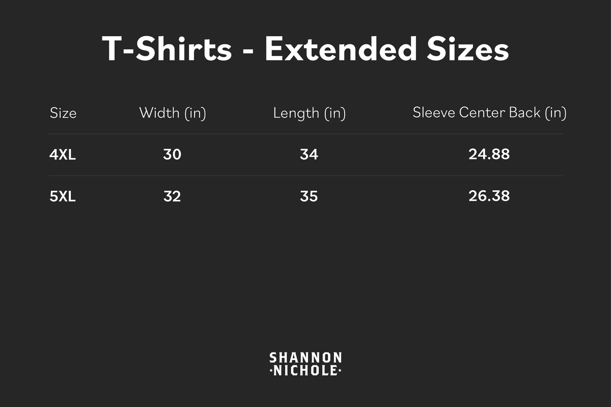 Table of T-shirt dimensions for extended sizes