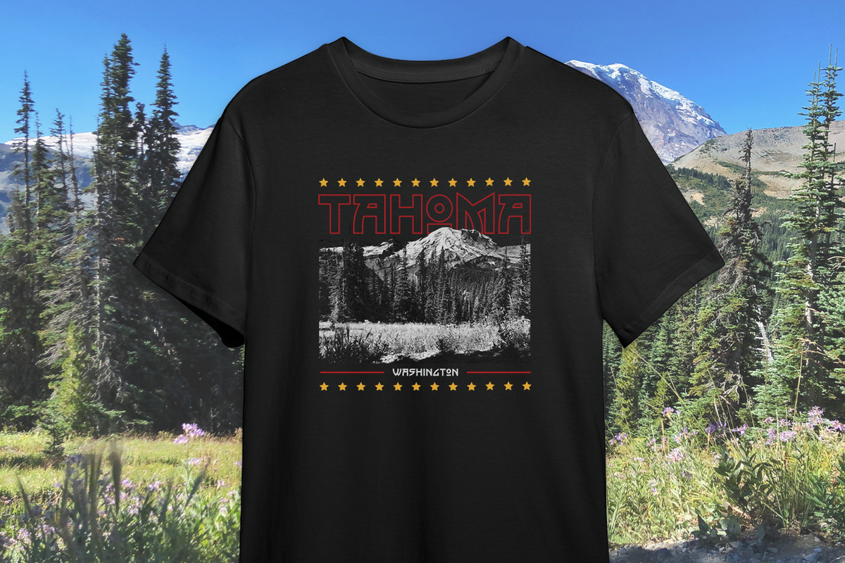 Black t-shirt with 'Tahoma' design in front of a mountain landscape