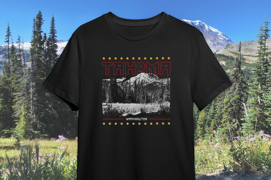Black t-shirt with 'Tahoma' design in front of a mountain landscape