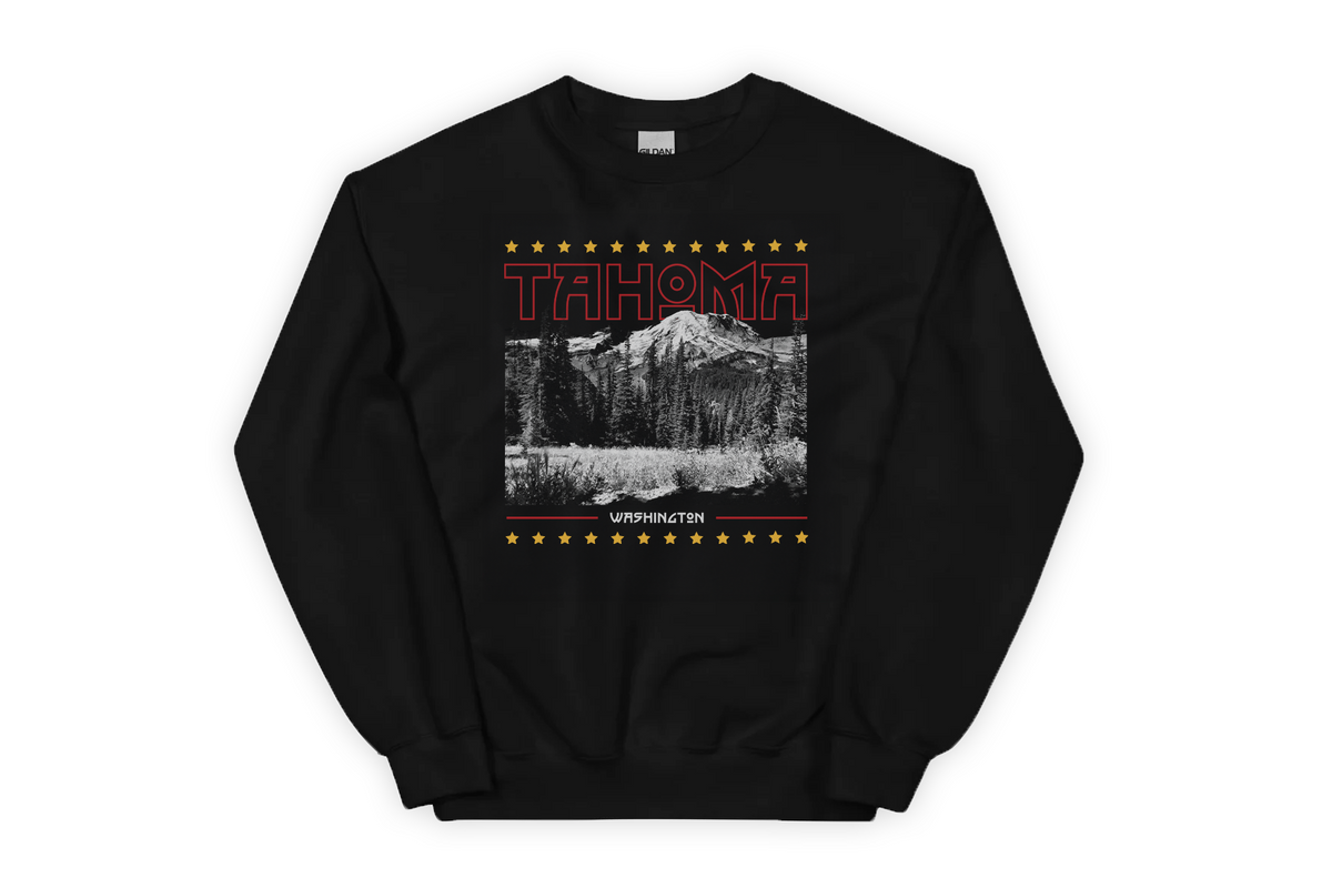 Black sweatshirt with 'Tahoma' graphic design on a white background