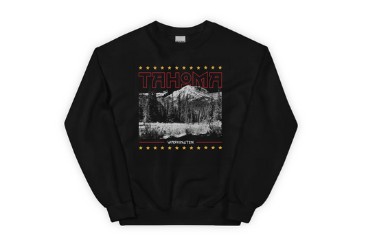 Black sweatshirt with 'Tahoma' graphic design on a white background