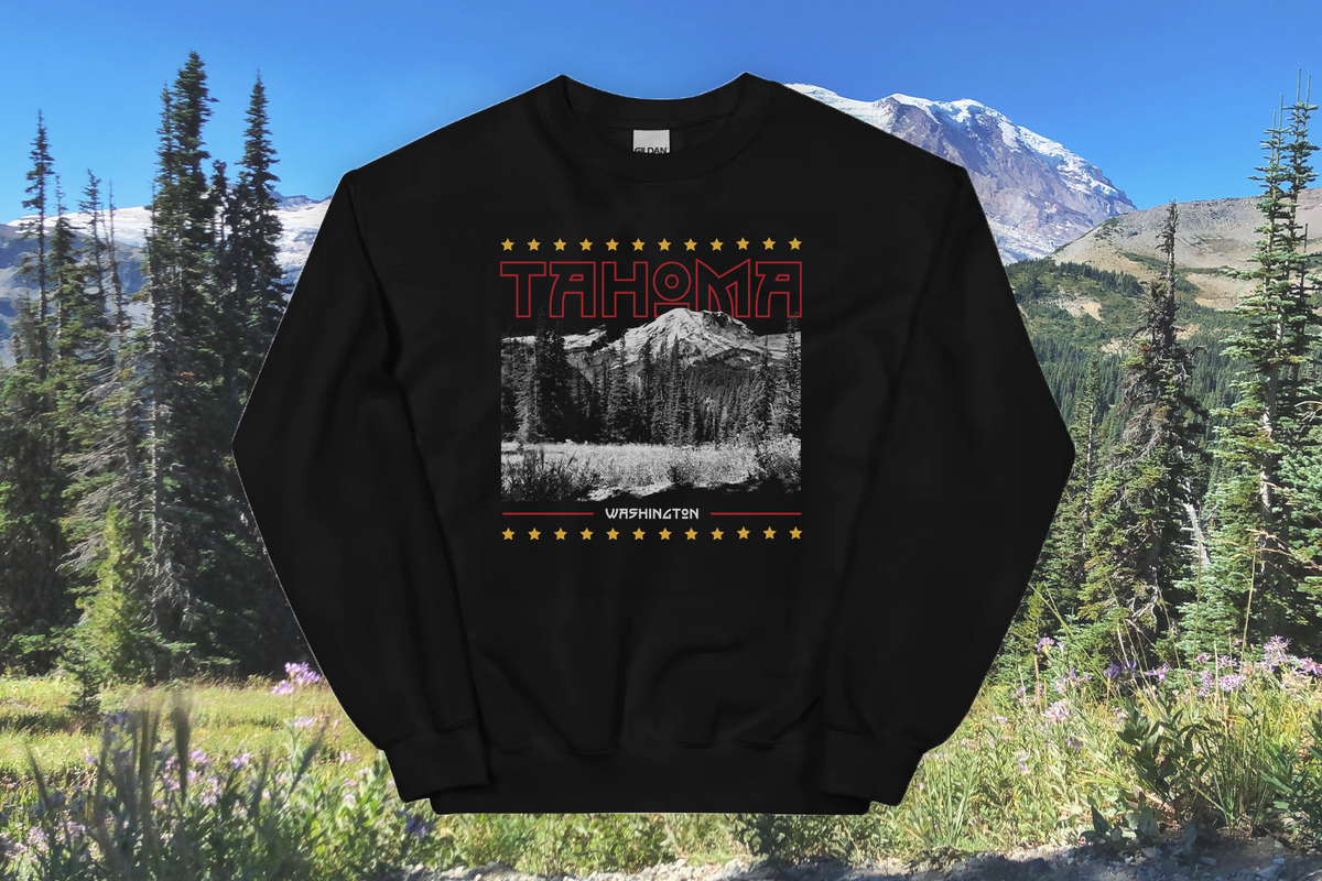 Black sweatshirt with 'Tahoma' design in a mountainous landscape