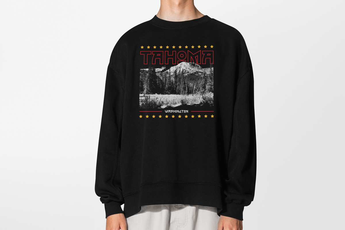 A man wearing a black sweatshirt with 'Tahoma' graphic design on a white background