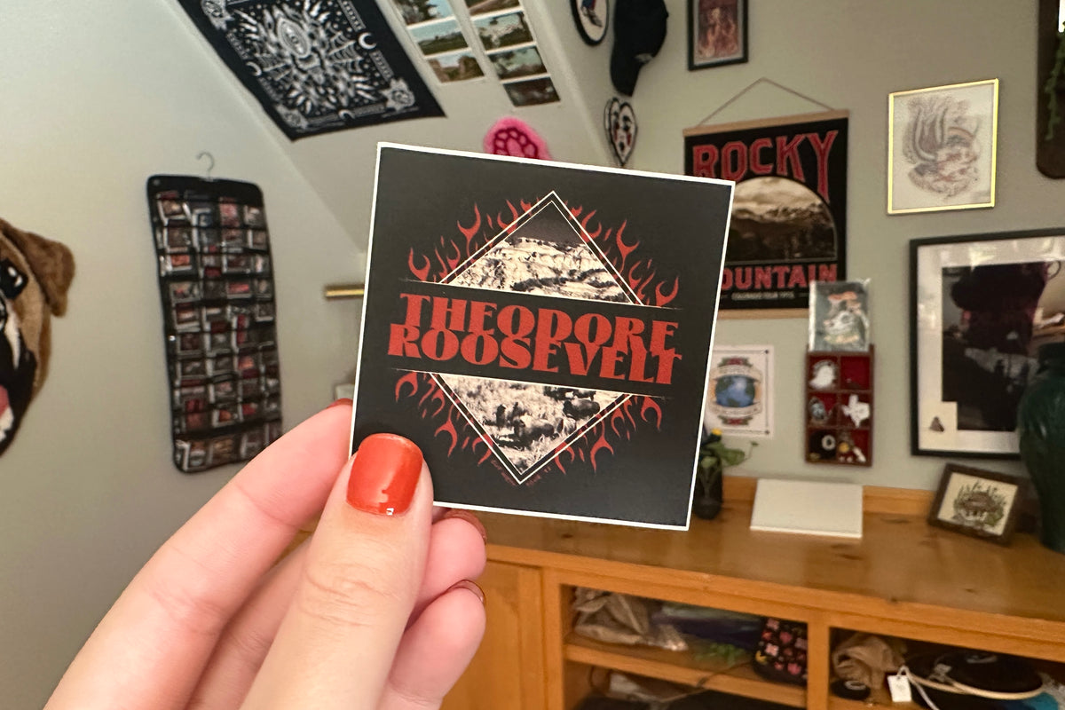 Hand holding a card with 'Theodore Roosevelt' sticker in a room with various posters on the wall.
