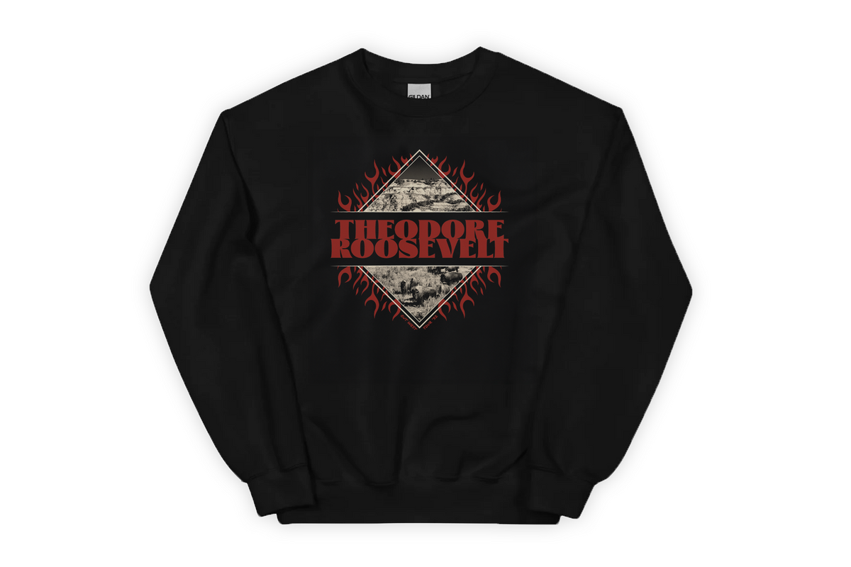 Black sweatshirt with red and white 'Theodore Roosevelt' graphic design on a white background