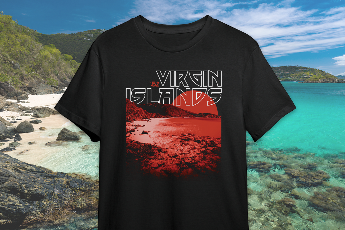 Black t-shirt with 'Virgin Islands' design on a beach background