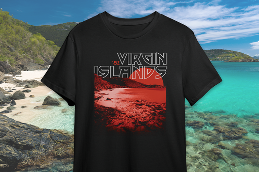 Black t-shirt with 'Virgin Islands' design on a beach background