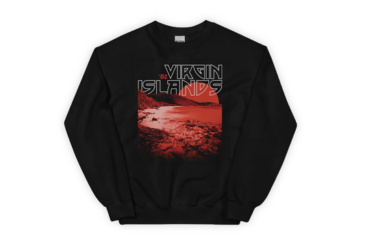Black sweatshirt with a red graphic of a beach and 'Virgin Islands' text on a white background