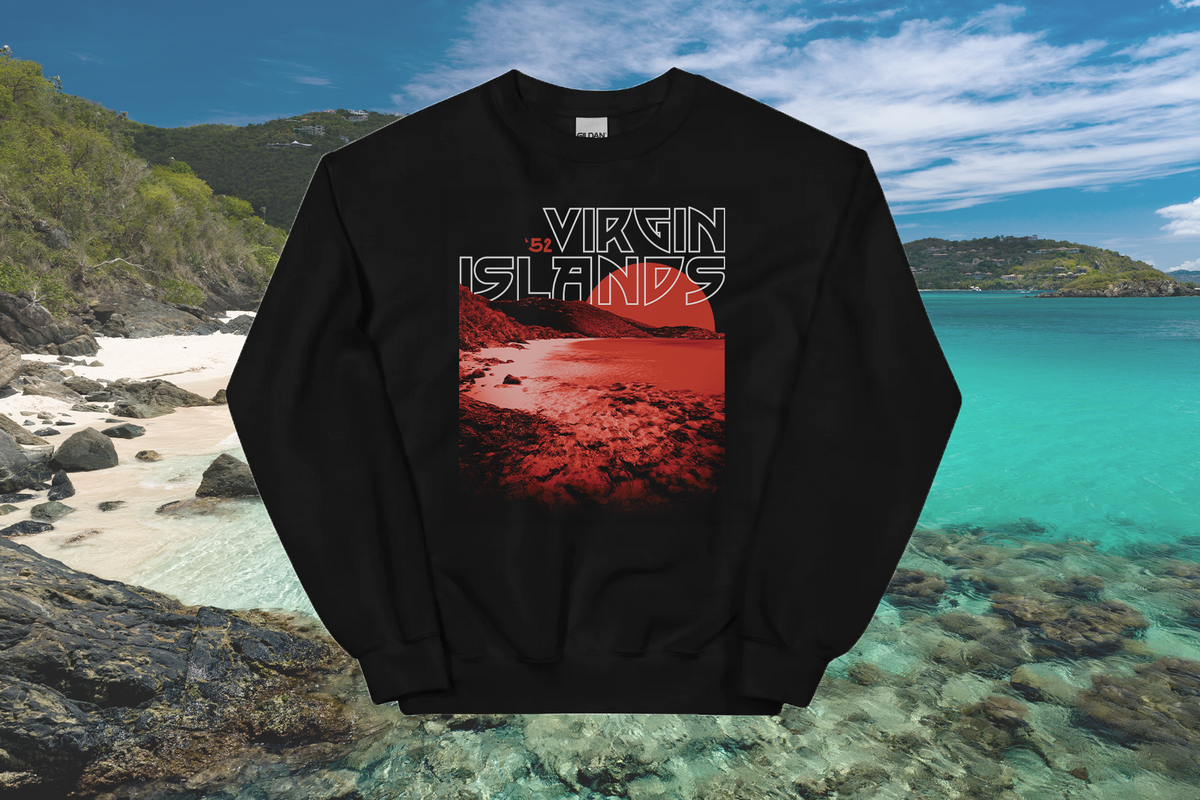 Black sweatshirt with 'Virgin Islands' design on a beach background
