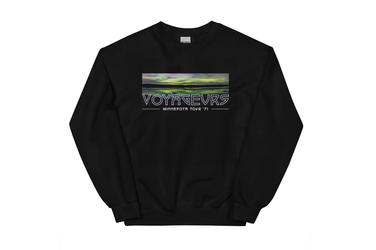 Black sweatshirt with 'Voyageurs' graphic design on a white background