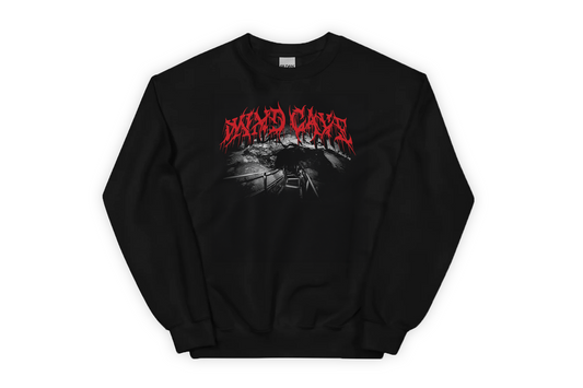 Black sweatshirt with 'Wind Cave' red and white graphic design on a white background