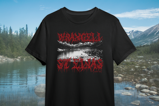 Black t-shirt with red 'Wrangell St Elias' text in front of a scenic mountain landscape