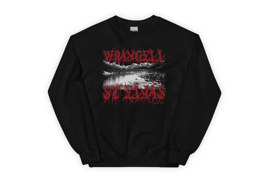 Black sweatshirt with 'Wrangell St Elias' red and white graphic design on a white background
