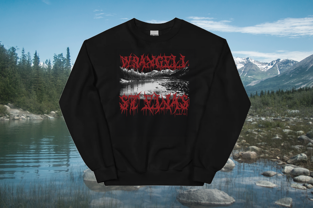 Black sweatshirt with red and white text over a scenic background of a lake and mountains.