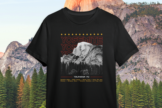 Black t-shirt with Yosemite National Park graphic against a mountainous background
