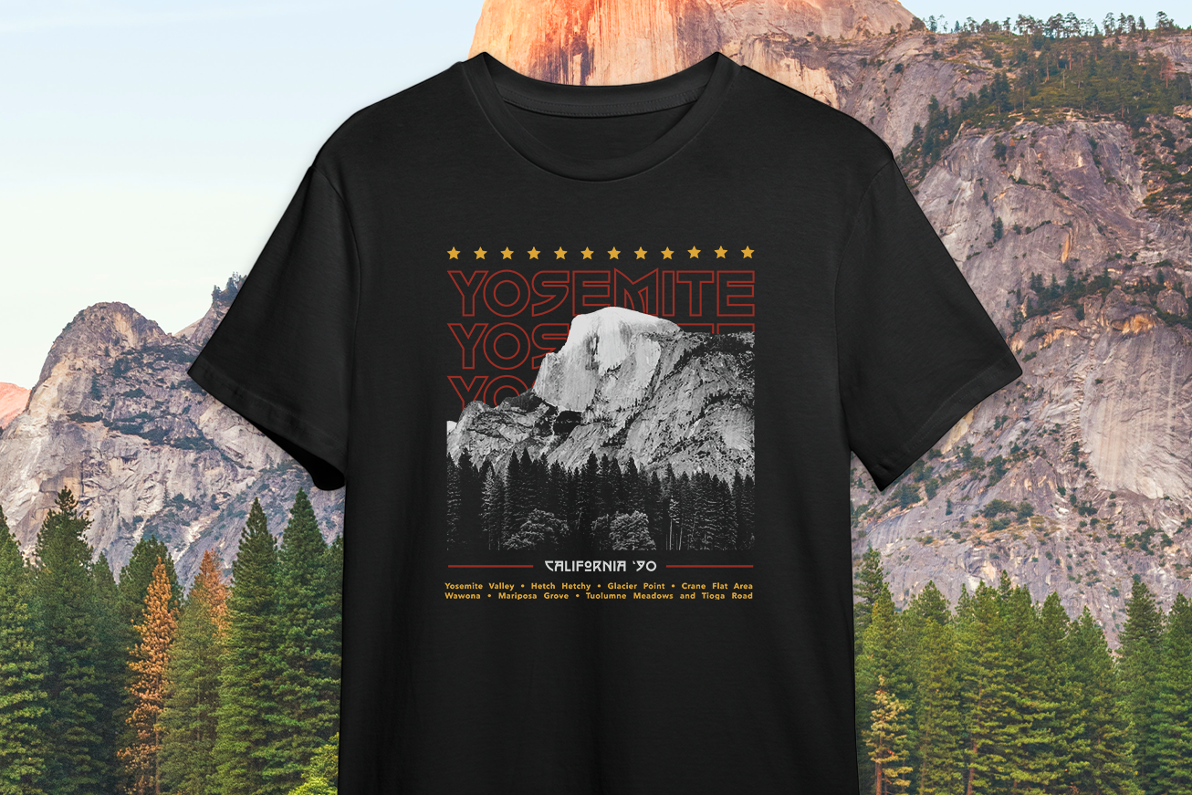 Black t-shirt with Yosemite National Park graphic against a mountainous background