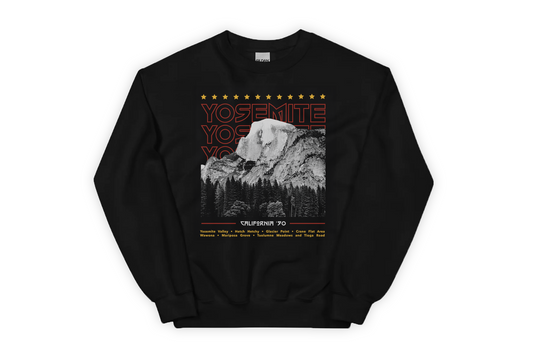 Black sweatshirt with Yosemite National Park graphic on a white background