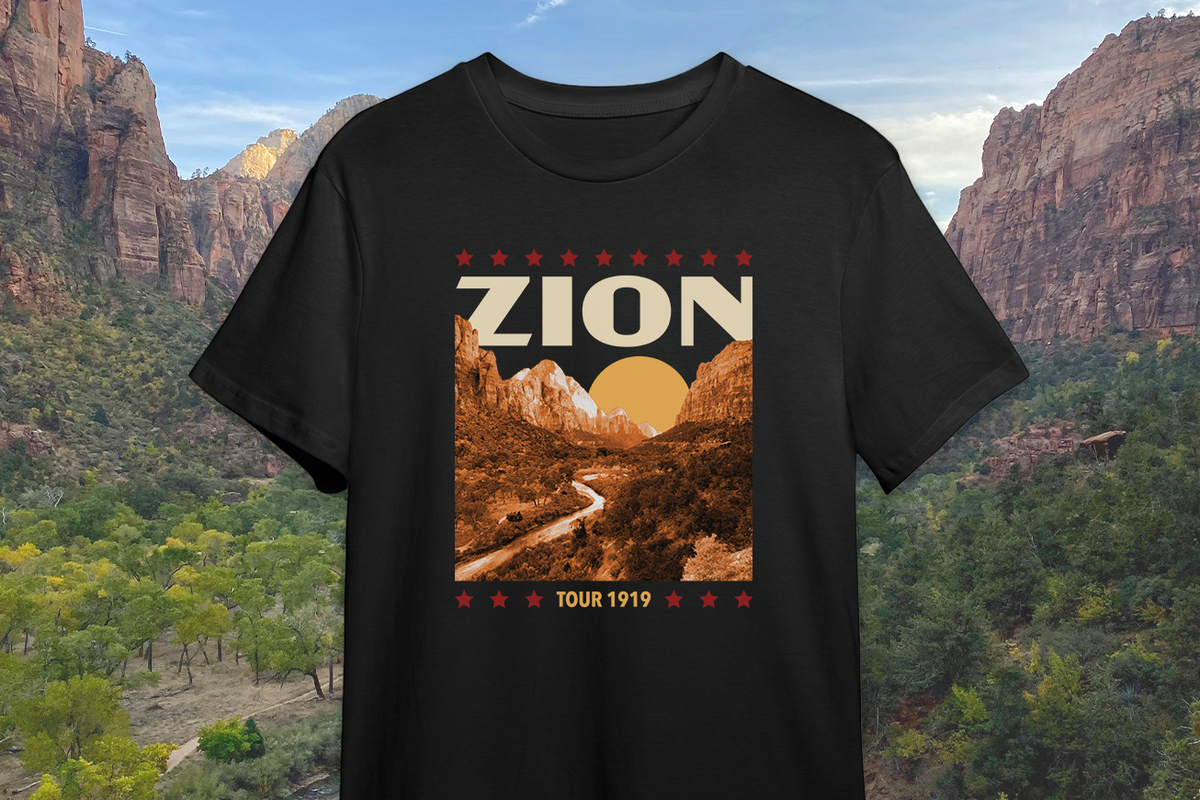 Black t-shirt with Zion National Park graphic design against a scenic background
