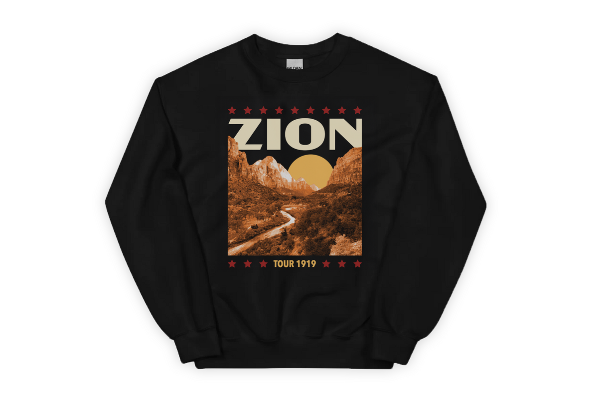 Black sweatshirt with Zion National Park graphic design on a white background
