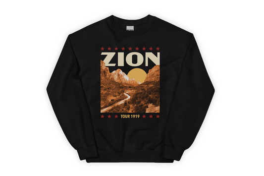 Black sweatshirt with Zion National Park graphic design on a white background